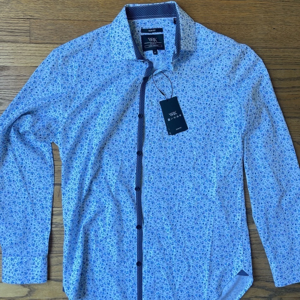 NEW WRK Slim Fit Button Down 4 Way Stretch White Purple Floral Size 15 NWT